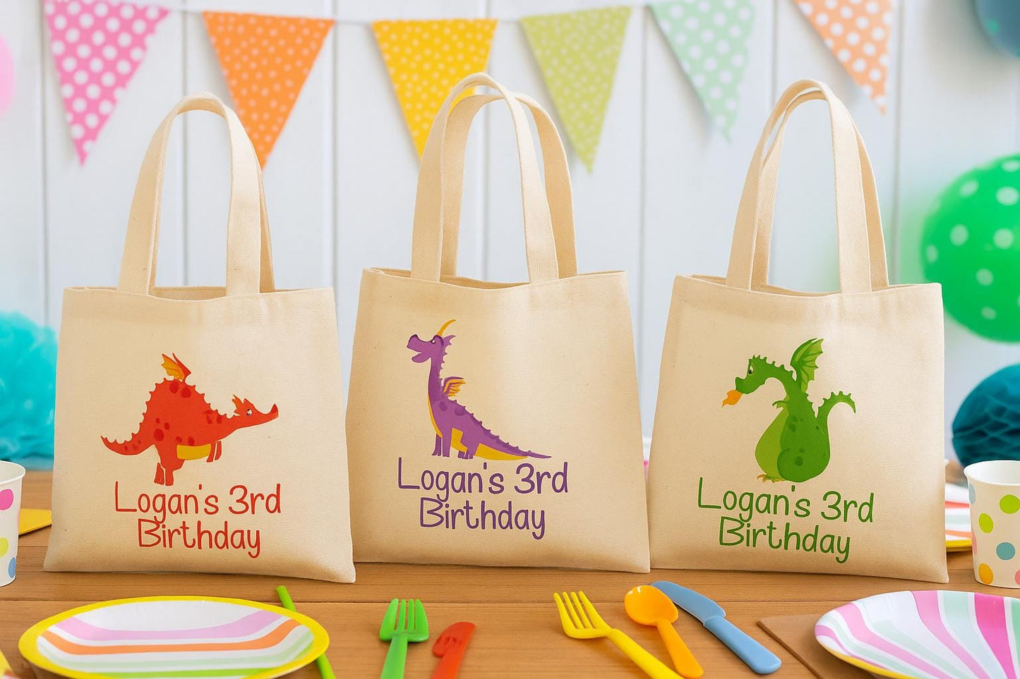Personalized Dragon Party Favor Bags - Set of Three Bags
