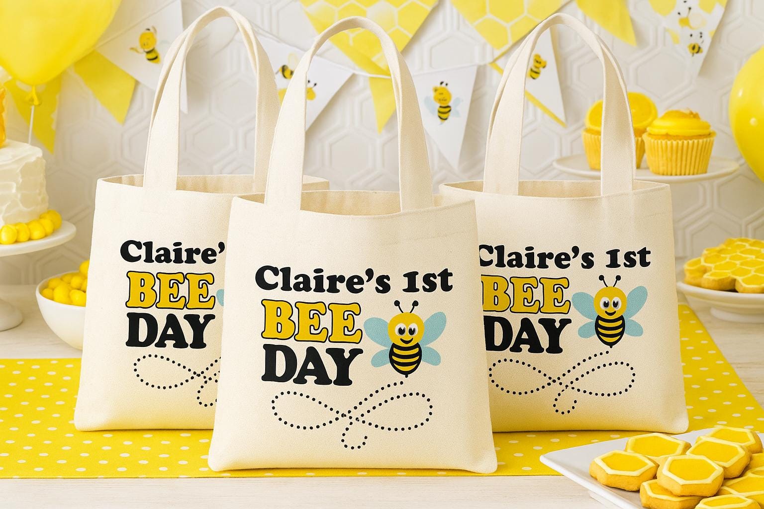 Personalized Bee-Day Party Favor Bags - Set of Three Bags