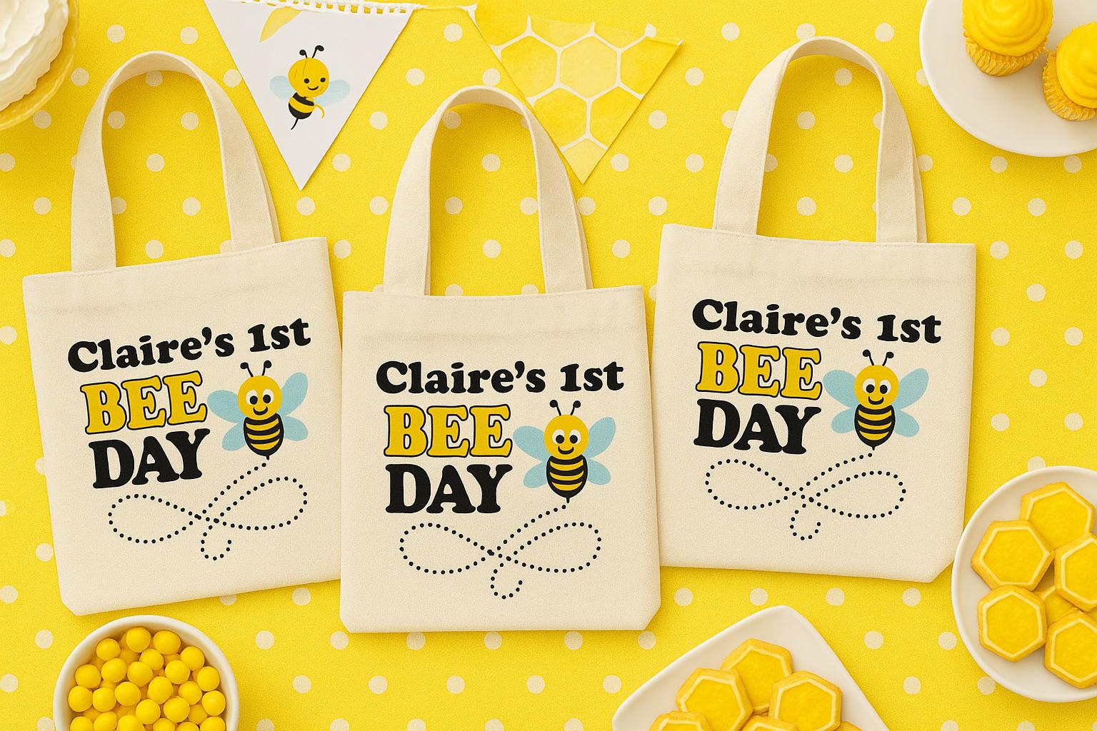 Personalized Bee-Day Party Favor Bags - Set of Three Bags