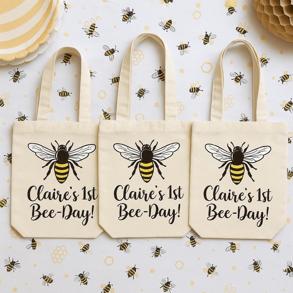 3 Bee Party Favor Bags: Cotton Treat Bags, Bee-Day Favors