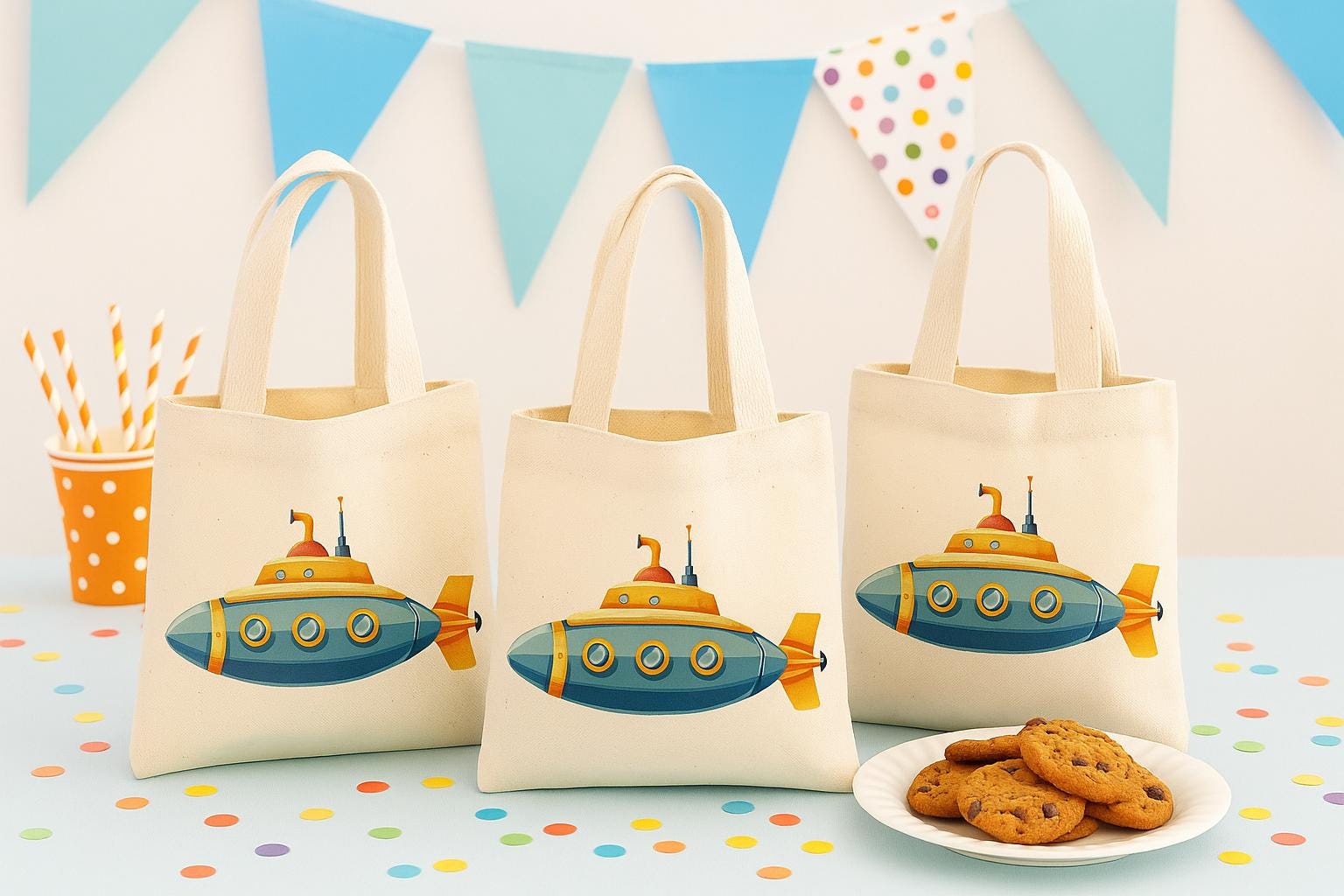 Submarine Party Favor Bags: Set of 3 Cotton Treat Bags