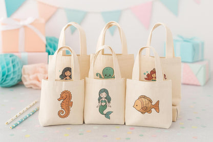 Mermaid Party Favor Bags, Sea Creature Canvas Totes, Set of 6
