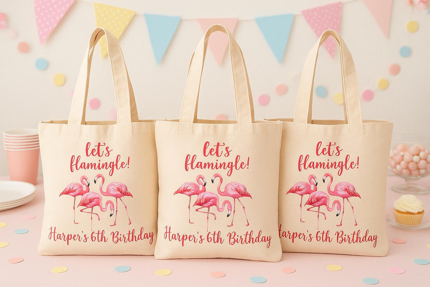 Personalized Let's Flamingle Flamingo Party Favor Bags - Set of Three Bags