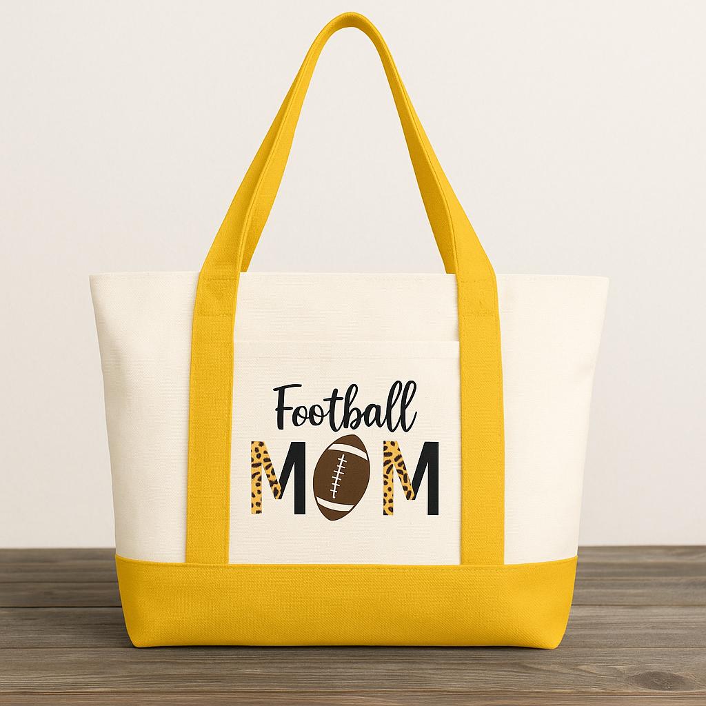 Personalized Football Mom Canvas Tote Bag – Team Colors, Leopard Print