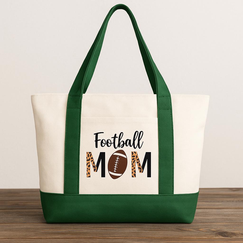 Personalized Football Mom Canvas Tote Bag – Team Colors, Leopard Print