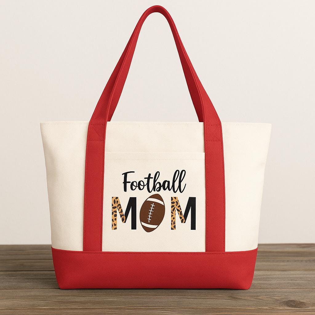 Personalized Football Mom Canvas Tote Bag – Team Colors, Leopard Print