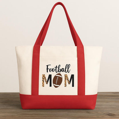 Personalized Football Mom Canvas Tote Bag – Team Colors, Leopard Print