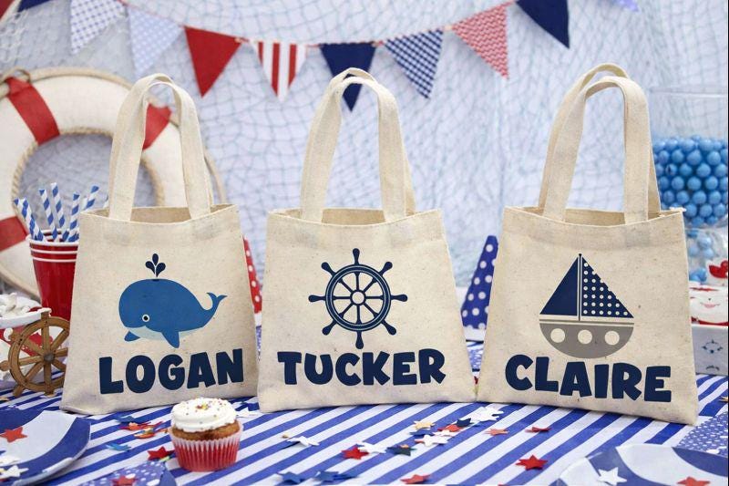 Nautical Party Favor Bags, Whale Birthday Treat Bags, Set of 3