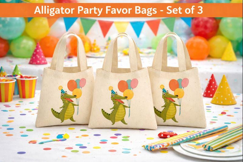 Alligator Party Favor Bags, Set of 3 Cotton Treat Bags