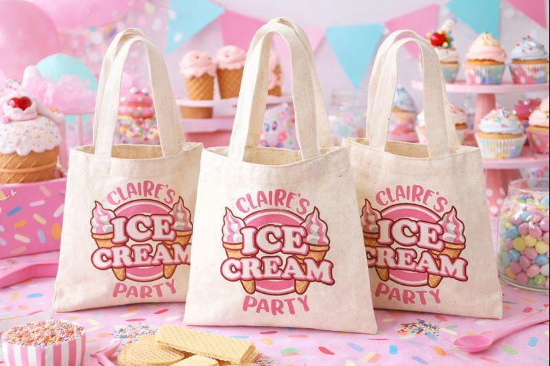 Ice Cream Party Cotton Treat Bags, Set of 3