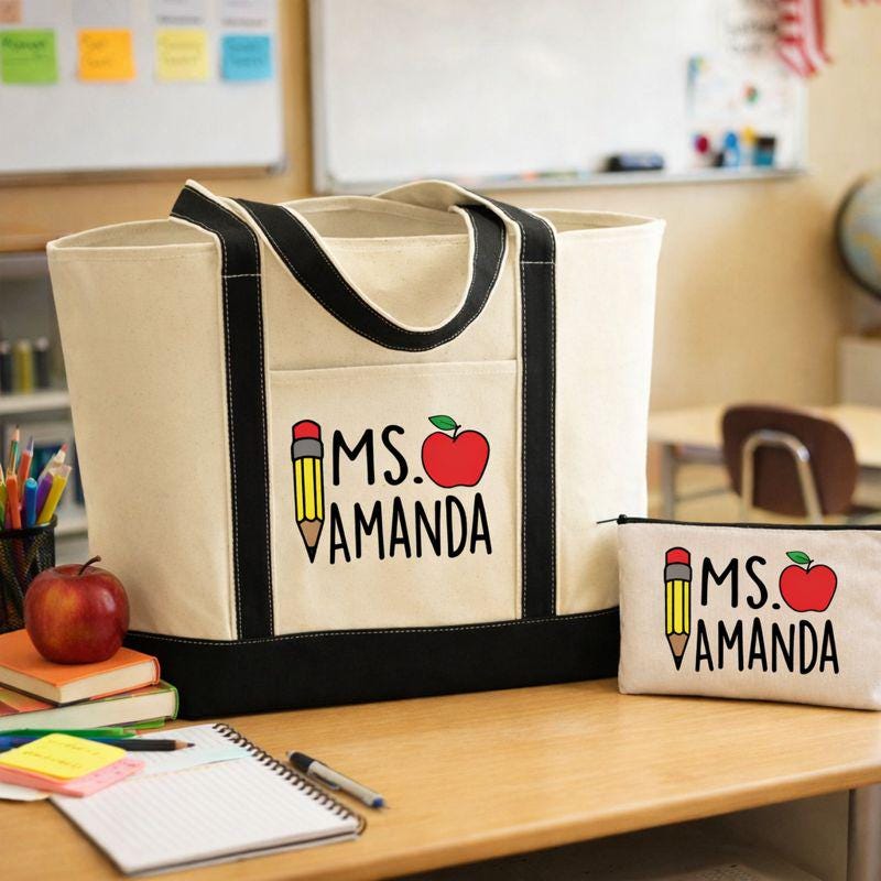 Personalized Teacher Tote Bag and Pencil Pouch Set, Canvas Zippered