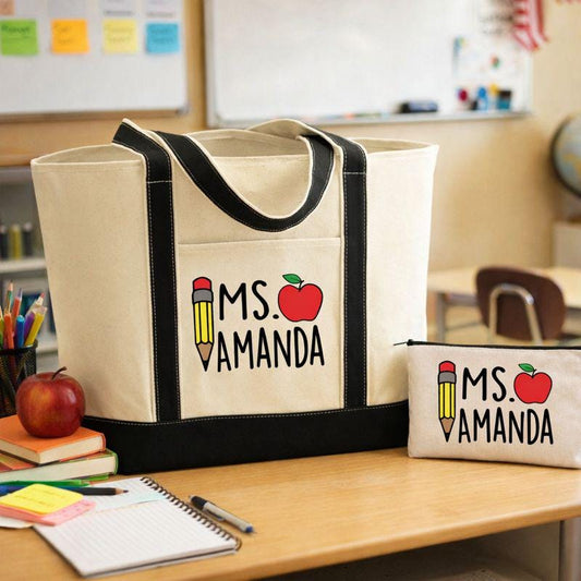 Personalized Teacher Tote Bag and Pencil Pouch Set, Canvas Zippered