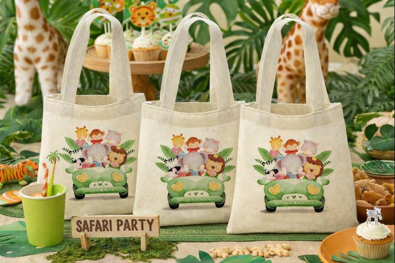Safari Party Favor Bags, Jungle Animal Cotton Goodie Bags, Set of 3