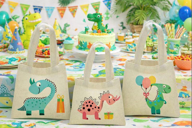 Dinosaur Party Favor Bags, Set of 3 Cotton Treat Bags
