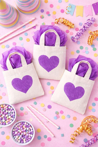 Valentine’s Day Party Favor Bags - Set of Three Bags with Purple Hearts