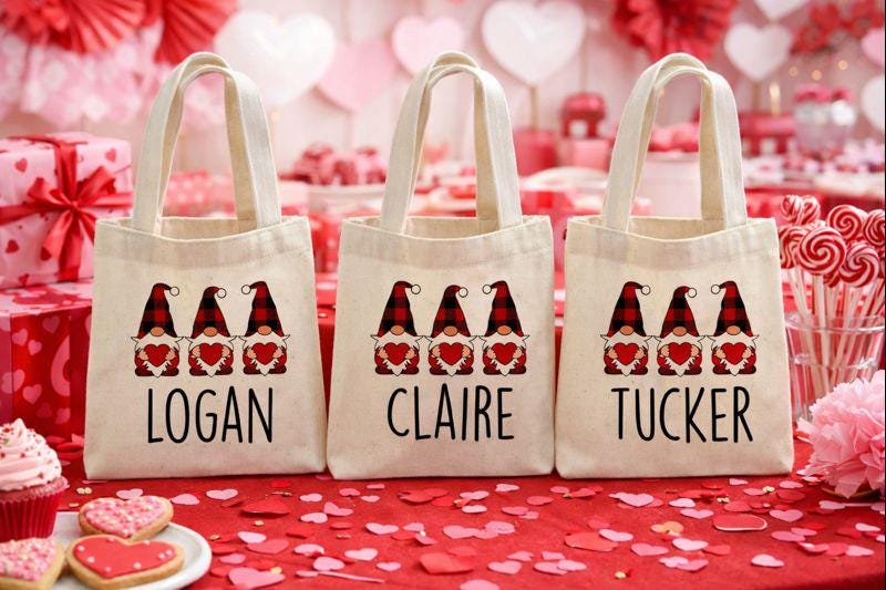 Personalized Gnome Valentine Party Favor Bags - Set of Three Bags