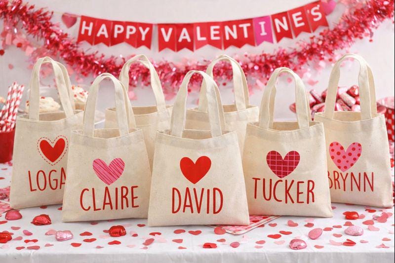 Personalized Valentine's Day Party Favor Bags - Set of Six Bags