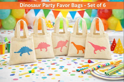 Dinosaur Party Favor Bags, Eco-Friendly Cotton Treat Bags, Set of 6
