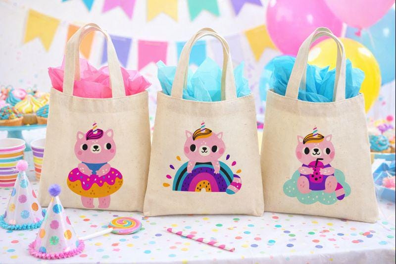 Cat Unicorn Party Favor Bags, Set of 3 Cotton Treat Bags