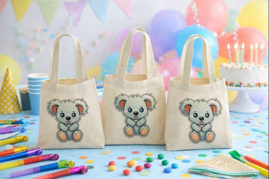 Koala Party Favor Bags, Natural Cotton Treat Bags, Set of 3