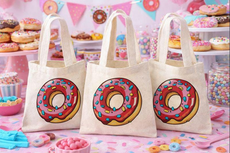 3 Donut Party Favor Bags, Cotton Treat Bags