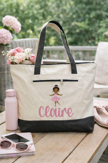Personalized Ballerina Canvas Tote Bag, Zippered Pocket