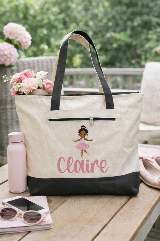Personalized Ballerina Canvas Tote Bag, Zippered Pocket