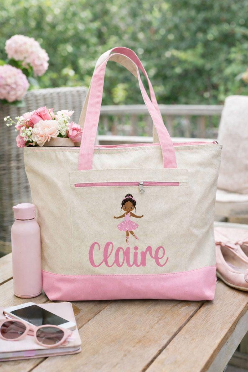 Personalized Ballerina Canvas Tote Bag, Zippered Pocket
