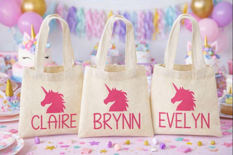Set of 3 Personalized Unicorn Cotton Party Favor Bags