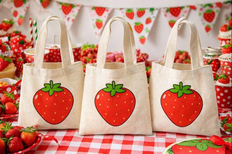 Strawberry Cotton Treat Bags, Set of 3, Party Favors