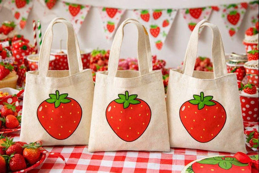 Strawberry Cotton Treat Bags, Set of 3, Party Favors