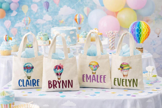 Hot Air Balloon Party Favor Bags, Personalized Cotton Treat Bags, Set of 4