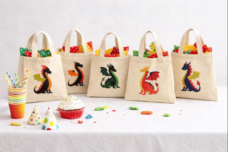 Dragon Party Favor Bags – Set of 6 Personalized Canvas Totes