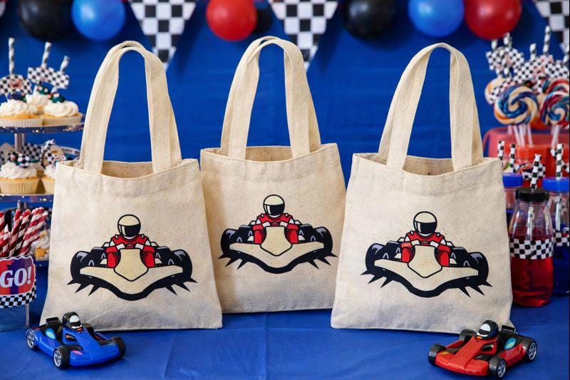Go Kart Party Favor Bags, Set of 3 Cotton Treat Bags