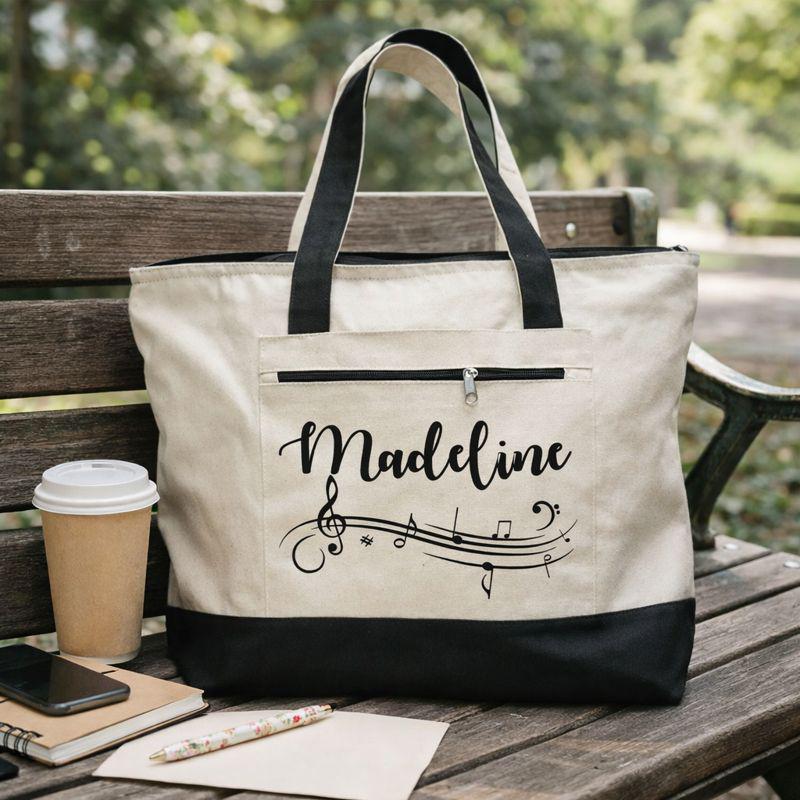 Personalized Music Tote Bag, Zippered Canvas Bag, Musician Gift