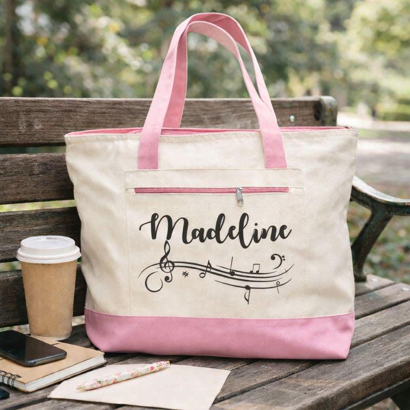 Personalized Music Tote Bag, Zippered Canvas Bag, Musician Gift