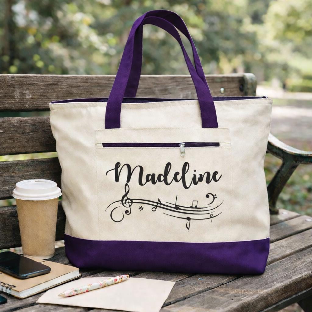 Personalized Music Tote Bag, Zippered Canvas Bag, Musician Gift