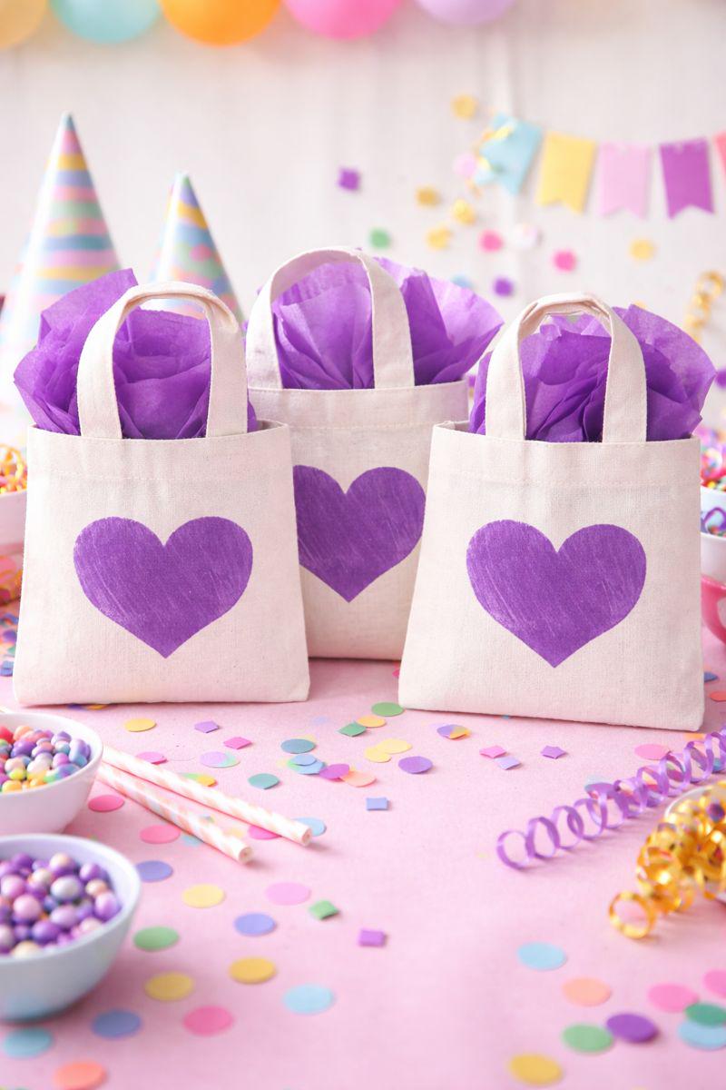 Valentine’s Day Party Favor Bags - Set of Three Bags with Purple Hearts