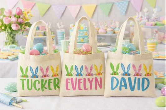Set of 3 Personalized Easter Cotton Treat Bags, Bunny Design