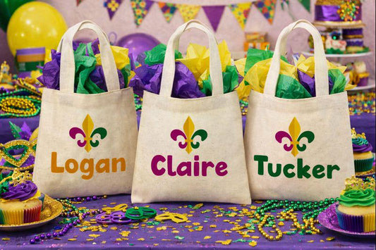 3 Mardi Gras Cotton Treat Bags, Fleur De Lis Party Favors