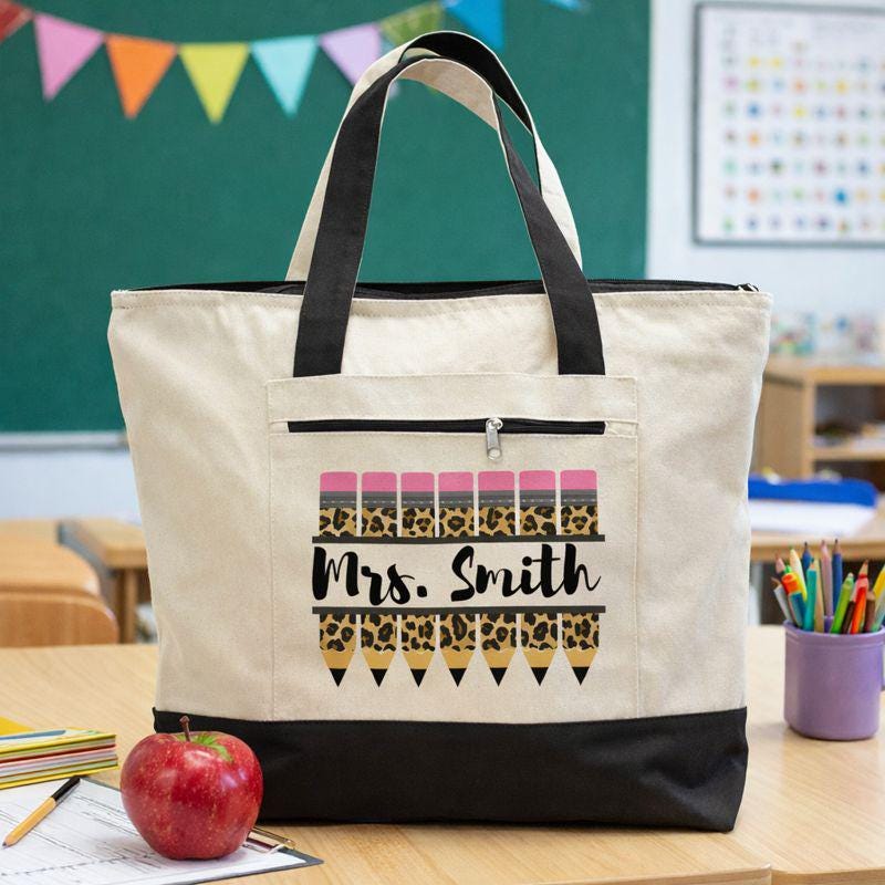 Personalized Teacher Tote Bag – Cheetah Print Pencil Design