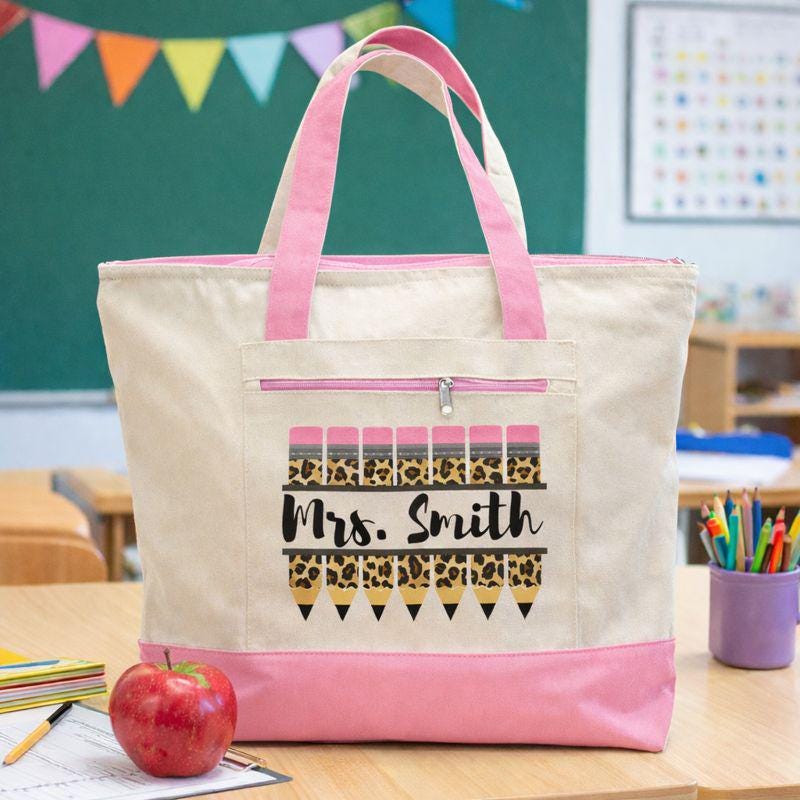 Personalized Teacher Tote Bag – Cheetah Print Pencil Design