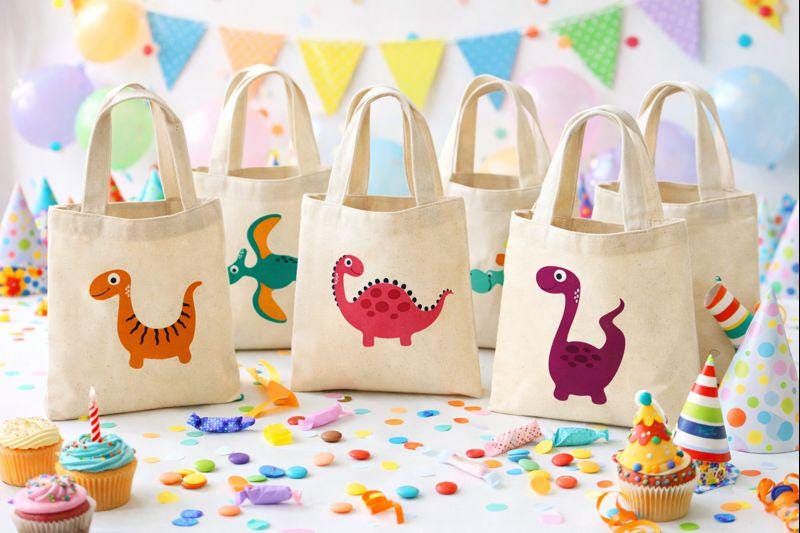 Dinosaur Party Favor Bags - Set of 6 Cotton Goodie Bags