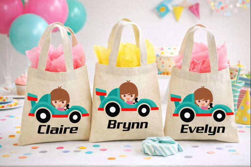 Girls Race Car Party Favor Bags, Personalized Cotton Treat Bags, Set of 3