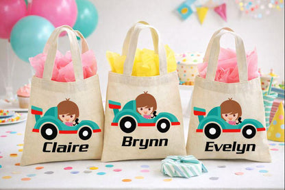 Girls Race Car Party Favor Bags, Personalized Cotton Treat Bags, Set of 3