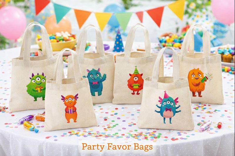 6 Monster Party Favor Bags, Cotton Treat Bags