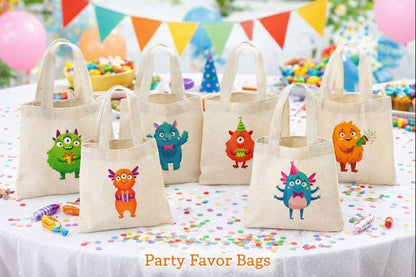 6 Monster Party Favor Bags, Cotton Treat Bags