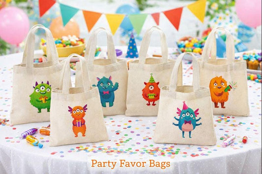 6 Monster Party Favor Bags, Cotton Treat Bags