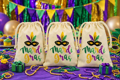 Mardi Gras Cotton Treat Bags, Drawstring Favor Goodie Bags