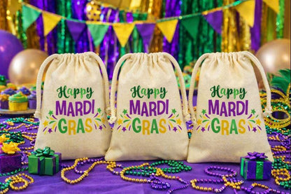 Mardi Gras Party Favor Bags, Cotton Drawstring Treat Bags